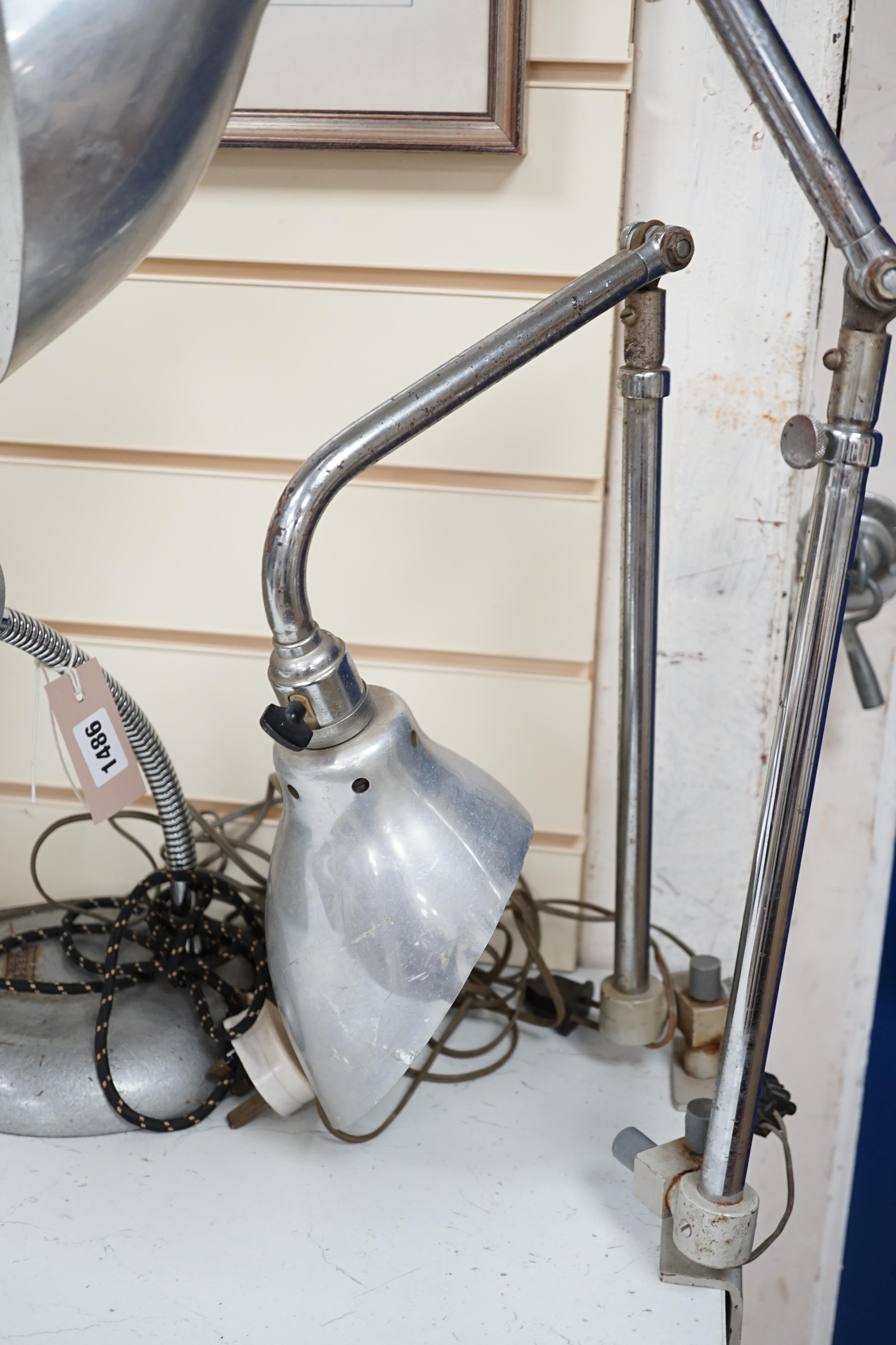 A mid-century Stephen Glover Verglo desklamp, and a pair of French Ki-E-Klair clamp-fitting industrial lamps